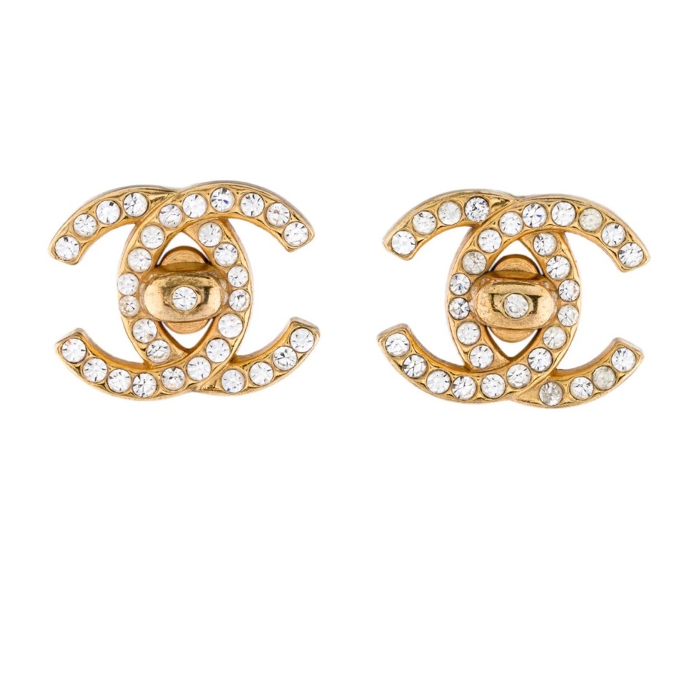 Authentic Stunning CHANEL 1996 CC Gold & Strass CC Turnlock Clip-On Earrings